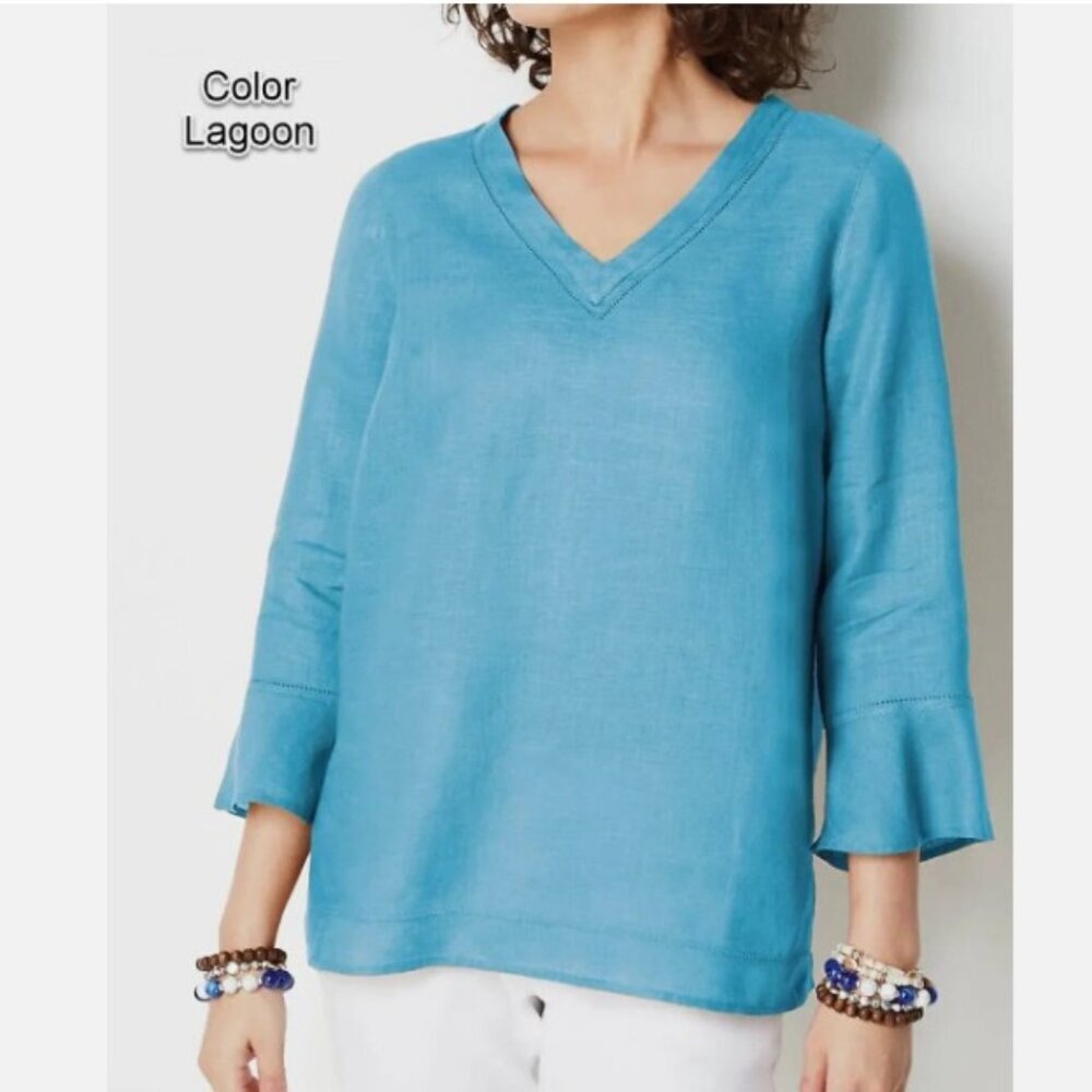 J.Jill Women's 100% Linen V-Neck Flounced-Sleeve Top Blue Size M
